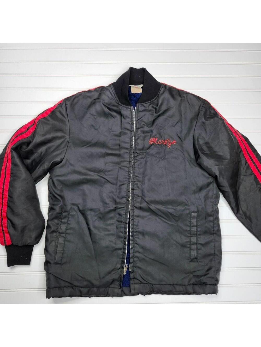 Vintage Black and Red Women's Bomber Jacket with Marilyn Embroidery DAMAGED